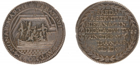 1590 - Jeton Dordrecht 'Dutch conquest of Breda' (Dugn.3255, vLoonI.408, Tas.264) - Obv: Peat ship with soldiers at quay / Rev: 7-line legend in wreat...