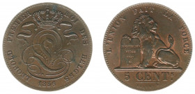 Belgium - Leopold I (1831-1865) - 5 Centimes 1856 (KM5.1, Aern.14) - Obv: Crowned monogram / Rev: Lion with tablet - UNC with some orig. toning
