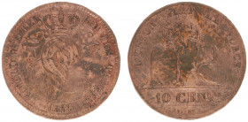 Belgium - Leopold I (1831-1865) - 10 Centimes 1855 (KM2.1, Aern.31) - Obv: Crowned monogram / Rev: Lion with tablet - cleaned, edge dents, a.VF