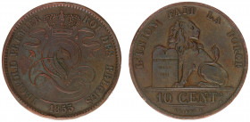 Belgium - Leopold I (1831-1865) - 10 Centimes 1855 (KM2.1, Aern.31) - Obv: Crowned monogram / Rev: Lion with tablet - edge nicks, a.VF