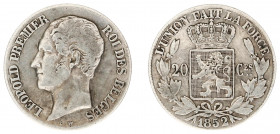 Belgium - Leopold I (1831-1865) - 20 Centimes 1852 - with periods (KM19, Aern.46) - Obv: Head left / Rev: Crowned arms within wreath - F/VF