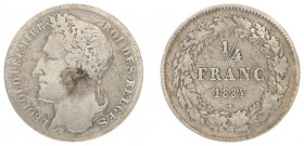 Belgium - Leopold I (1831-1865) - ¼ Franc 1834 (KM8, Aern.51) - Obv: Laureate head left / Rev: Value within wreath - good Fine