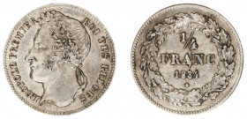 Belgium - Leopold I (1831-1865) - ¼ Franc 1834 (KM8, Aern.51) - Obv: Laureate head left / Rev: Value within wreath - die crack on rev., a.VF