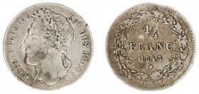Belgium - Leopold I (1831-1865) - ¼ Franc 1843 (KM8, Aern.51) - Obv: Laureate head left / Rev: Value within wreath - mintage 8.000 pcs. - traced of mo...
