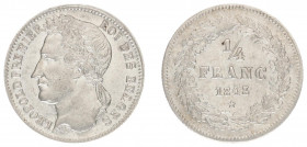 Belgium - Leopold I (1831-1865) - ¼ Franc 1843 (KM8, Aern.51) - Obv: Laureate head left / Rev: Value within wreath - mintage 8.000 pcs. - slightly cle...