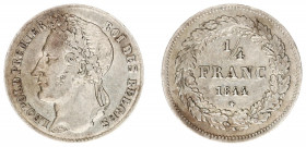 Belgium - Leopold I (1831-1865) - ¼ Franc 1844 (KM8, Aern.51) - Obv: Laureate head left / Rev: Value within wreath - cleaned, VF