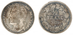 Belgium - Leopold I (1831-1865) - ½ Franc 1834 (KM6, Aern.64) - Obv: Laureate head left / Rev: Value within wreath - F/VF