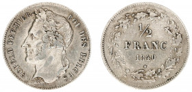 Belgium - Leopold I (1831-1865) - ½ Franc 1840 (KM6, Aern.64) - Obv: Laureate head left / Rev: Value within wreath - cleaned, VF