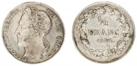 Belgium - Leopold I (1831-1865) - ½ Franc 1844 (KM6, Aern.64) - Obv: Laureate head left / Rev: Value within wreath - dent on rev., VF