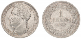 Belgium - Leopold I (1831-1865) - Franc 1833 (KM7.1, Aern.84) - Obv: Laureate head left / Rev: Value within wreath - VF/XF