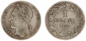 Belgium - Leopold I (1831-1865) - Franc 1834 (KM7.1, Aern.84) - Obv: Laureate head left / Rev: Value within wreath - F/VF