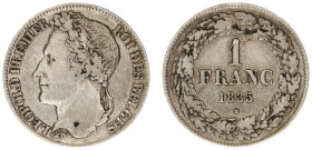 Belgium - Leopold I (1831-1865) - Franc 1835 (KM7.1, Aern.84) - Obv: Laureate head left / Rev: Value within wreath - F/VF