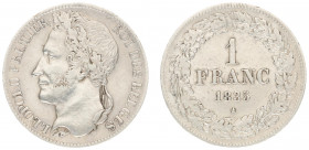 Belgium - Leopold I (1831-1865) - Franc 1835 (KM7.1, Aern.84) - Obv: Laureate head left / Rev: Value within wreath - good VF