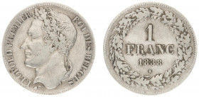 Belgium - Leopold I (1831-1865) - Franc 1838 (KM7.1, Aern.84) - Obv: Laureate head left / Rev: Value within wreath - cleaned, F/VF