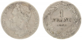 Belgium - Leopold I (1831-1865) - Franc 1840 (KM7.1, Aern.84) - Obv: Laureate head left / Rev: Value within wreath - scratch on chin and neck, good Fi...
