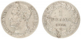 Belgium - Leopold I (1831-1865) - Franc 1844 (KM7.1, Aern.84) - Obv: Laureate head left / Rev: Value within wreath - cleaned, VF