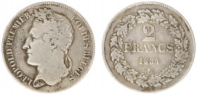 Belgium - Leopold I (1831-1865) - 2 Francs 1834 - Pos. A, edge lettering inclined right (KM9.2, Aern.107) - Obv: Laureate head left / Rev: Value withi...