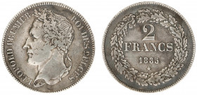 Belgium - Leopold I (1831-1865) - 2 Francs 1835 - Pos. A, edge lettering inclined right (KM9.2, Aern.107) - Obv: Laureate head left / Rev: Value withi...