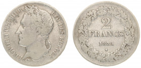 Belgium - Leopold I (1831-1865) - 2 Francs 1835 - Pos. B, edge lettering inclined left (KM9.1, Aern.107) - Obv: Laureate head left / Rev: Value within...