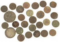 Dutch Provincial in boxes - Small box Dutch provincial coinage including Duiten, 1 Gulden 1763 Gelderland, 1/2 Zilveren Rijder 1786 Utrecht, etc.