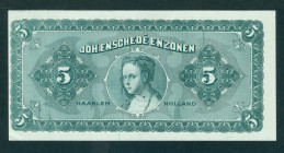 Netherlands - Testbiljetten en drukproeven - 5 Gulden 19XX in green - testnote printer Joh. Enschedé & Zn Haarlem with portrait of woman to left - uni...