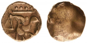 Celts - Britain - Corieltauvi - AV Stater (c. 45-10 BC, 5.28 g) - 'Domino-V type - Plain bulge / Celticized horse left with large triangular head, pel...
