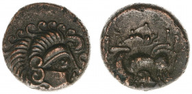Celts - Gaul - Northwest Gaul / Coriosolites - BI Stater (c. 100-50 BC, 6.23 g) - Celtic head right, hair in large spiral curls, scroll-ornament befor...