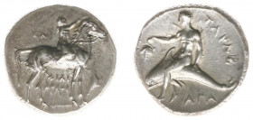 Italy - Calabria / Tarentum - AR Nomos / Didrachm (c. 300 BC, 7.95 g) - Horseman riding right crowning horse, ΣΑ above horse and ΦΙΛΙ ΑΡΧΟΣ below / Ta...