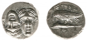 Greece - Thrace - Istros - AR Drachm (400-350 BC, 5.41 g) - Two young male heads facing, the left inverted / Sea-eagle standing to left on dolphin, be...