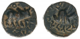 The East - Kushan Empire - Wima Takto (ca. AD 80-100) - Magnetic AE unit (3.90 g.) - Bull to right, Greek legend around / Bactrian camel to right, Kar...