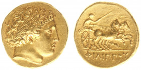 Hellenistic Monarchies - Kingdom of Macedonia - Philip II (359-336 BC) - AV Stater (Pella 340-328 BC, 8.58 g) - Laureate head of Apollo right / Biga t...