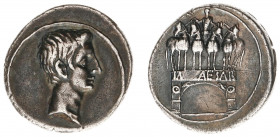 The Triumvirs - Octavianus - AR Denarius (Rome? 30-29 BC, 3.93 g) – Bust of Octavian right / IMP CAESAR on architrave of the Actian arch, depicted as ...