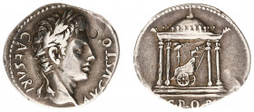 Augustus (27 BC - 14 AD) - AR Denarius (Colonia Patricia 18 BC, 3.73 g) – CAESARI AVGVSTO, laureate bust right / S P Q R, domed tetrastyle temple of M...
