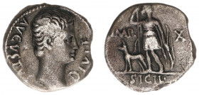 Augustus (27 BC - 14 AD) - AR Denarius (Lugdunum 11-10 BC3.00 g) - AVGVSTVS DIVI F Bare head right / Diana in short hunting attire standing left, lean...
