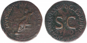 Augustus (27 BC - 14 AD) - AE Sestertius under Tiberius (Rome AD 22-23, 26.88 g) – DIVVS AVGVSTVS PATER, seated and radiate Augustus, holding branch a...