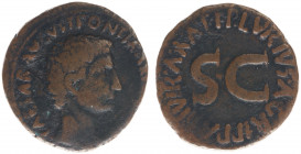 Augustus (27 BC - 14 AD) - AE As (Rome 7 BC, 9.92 g) – CAESAR AVGVST PONT MAX TRIBVNIC POT, bare bust right / P LVRIVS AGRIPPA III VIR A A A F F, arou...