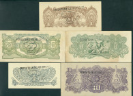 Netherlands Oversea - Nederlands-Indië - Jap. occupation - 1/2, 1, 5 + 10 Roepiah ND 1944 (P. 128-131) + 5 Gulden ND 1942 (P. 124) - all with stamps P...
