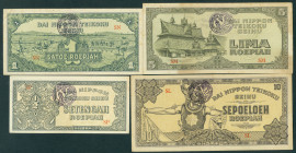 Netherlands Oversea - Nederlands-Indië - Jap. occupation - 1/2, 1, 5 + 10 Roepiah ND 1944 (P. 128-131) - all with stamps Hanta Hoen Kebanggoenan Tanah...