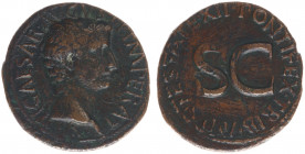 Tiberius (14-37) - AE As under Augustus (Rome AD 10-11, 10.20 g) – TI CAESAR AVGVST F IMPERAT V, bust right / PONTIFEX TRIBVN POTESTATE XII around lar...