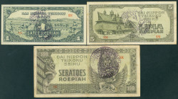 Netherlands Oversea - Nederlands-Indië - Jap. occupation - 1, 5 + 100 Roepiah ND 1944 (P. 129-130 + 132) - all with stamps Hanta Hoen Kebongoenant Tan...