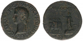 Caligula (37-41) - AE Sestertius (Rome 40-41 AD, 23.41 g) - C CAESAR AVG GERMANICVS PON M TR POT Laureate head left / ADLOCVT COH Emperor, bare-headed...