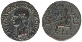 Caligula (37-41) - AE As (Rome AD 37-38, 10.33 g) – C CEASAR AVG GERMANICVS PON N TR POT, bust left / VESTA, Vesta seated left, holding patera and sce...
