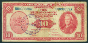 Netherlands Oversea - Nederlands Nieuw Guinea - 10 Gulden 1943 Wilhelmina NICA serie with black round stamp 'NOTARIS - MERAUKE - S. VAN DER GOOT' on f...