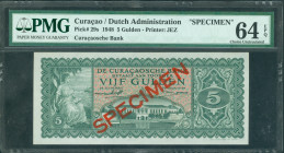 Netherlands Oversea - Curaçao - 5 Gulden 1948 SPECIMEN Fort Amsterdam-Curaçao / Arms of The Netherlands (P. 29s / PLNA14.1.s1) - specimen in red diago...