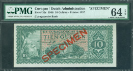Netherlands Oversea - Curaçao - 10 Gulden 1948 SPECIMEN Water tower Aruba at center / Arms of The Netherlands (P. 30s / PLNA14.2.s1) - specimen in red...