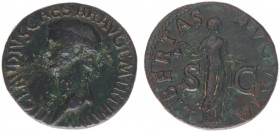 Claudius (41-54) - AE As (Rome AD 42, 11.52 g ) - TI CLAVDIVS CAESAR AVG P M TRP IMP P P, bust left / LIBERTAS AVGVSTA, standing Libertas holding pile...