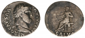 Nero (54-68) - AR Denarius (Rome AD 65-6, 3.02 g) NERO CAESAR AVGVSTVS Laureate head right / SALVS Salus enthroned left, holding patera (RIC 60) – a.V...