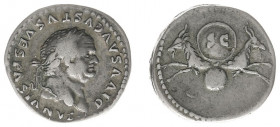 Vespasianus (69-79) - AR Denarius (Rome AD 80, 3.36 g) - DIVVS AVGVSTVS VESPASIANVS, laureate bust right / S C on circular shield supported by two cap...