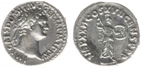 Domitianus (81-96) - AR Denarius (Rome AD 95/96, 3,42 g) - Laureate head right / IMP XXII COS XVII CENS PPP Minerva standing right, holding javelin an...