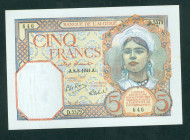 Algeria - 5 Francs 8.8.1941 Front: Young Muslim woman, Back: Boats in port of Algiers (P. 77d) - UNC